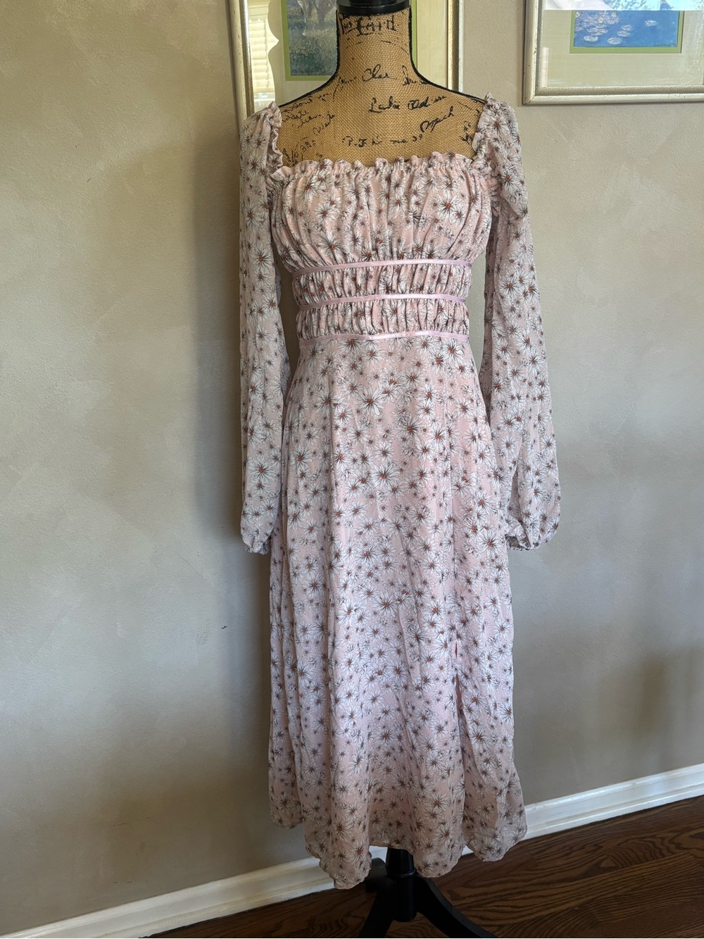 Wayf Liza smocked long sleeve midi dress